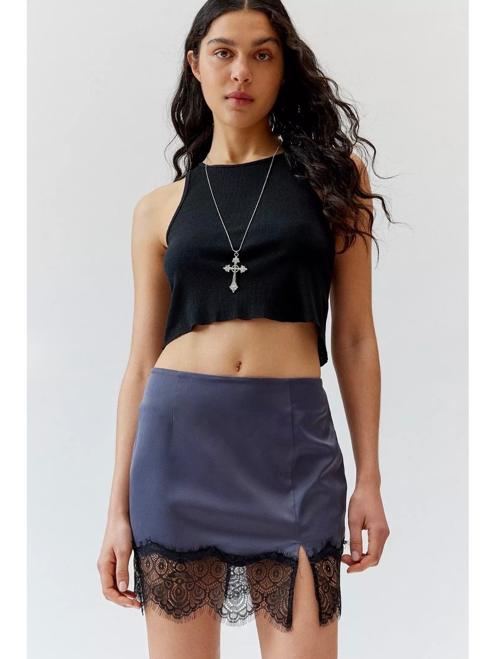 Glamorous Urban Outfitters Satin Lace Trim Mini Skirt Grey Black L NWT